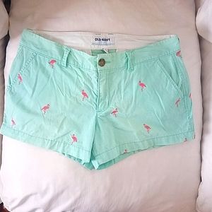 Turquoise Shorts with Pink Embroidered Flamingos